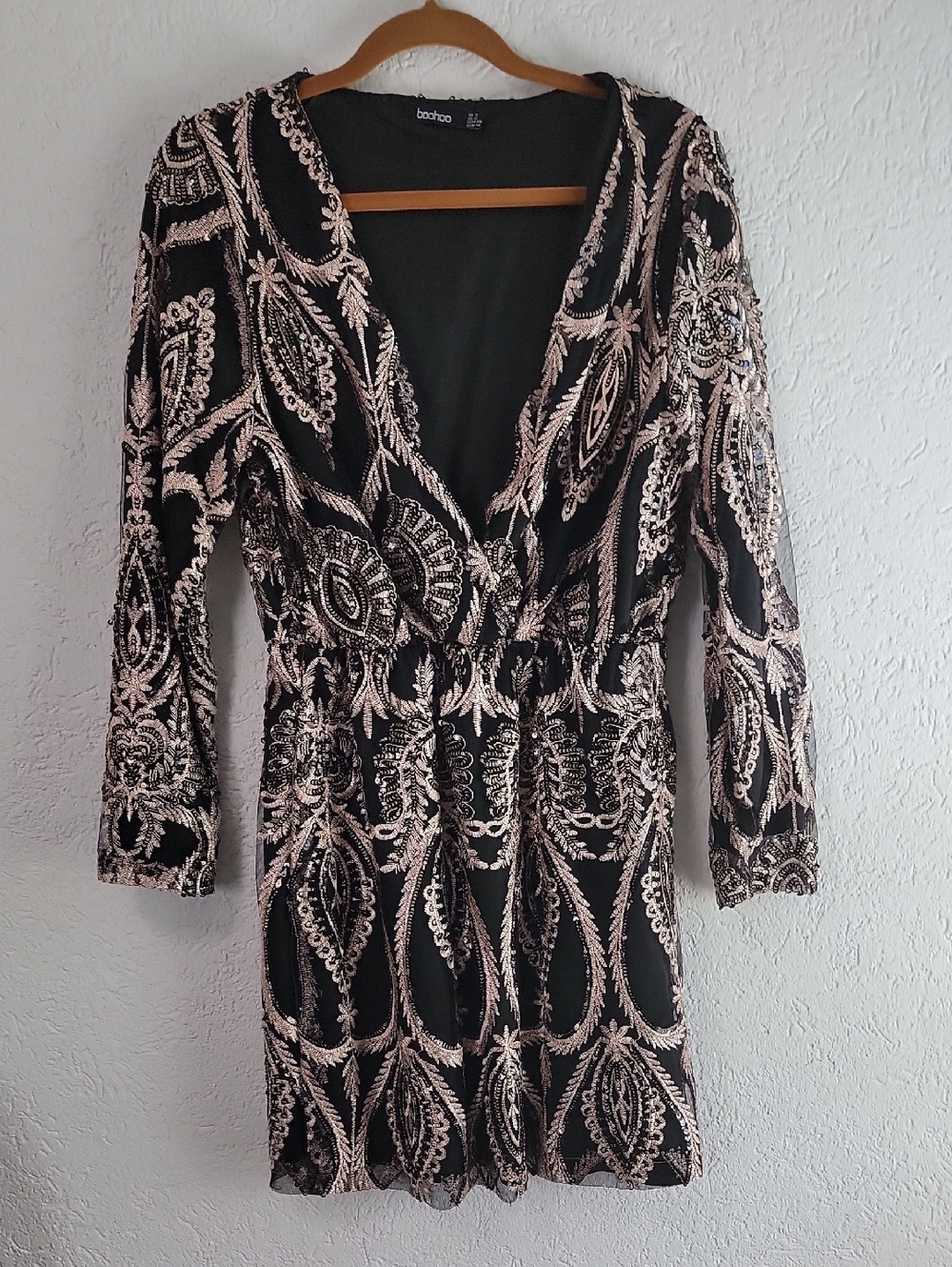 Boohoo Black Dress with Rose Gold Sequin Embroidery - Long Sleeve
